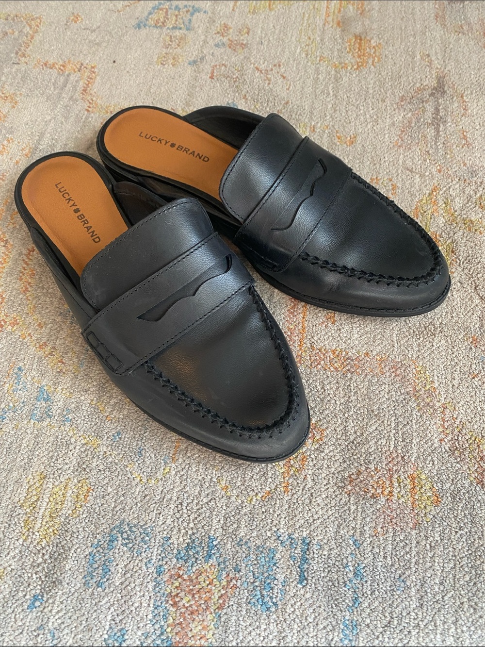 Lucky Brand Black Leather Backless Penny Loafers